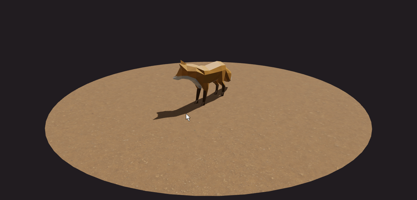 Result of the ng serve: A glTF fox model on a floor. The camera is moving around it.